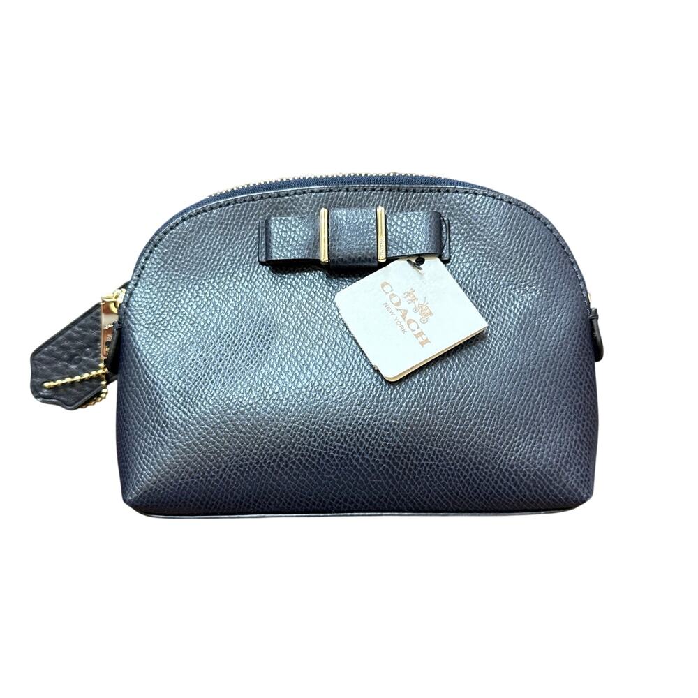 NWT Coach Leather Bow Detail Zipper Cosmetic Case Pouch Navy